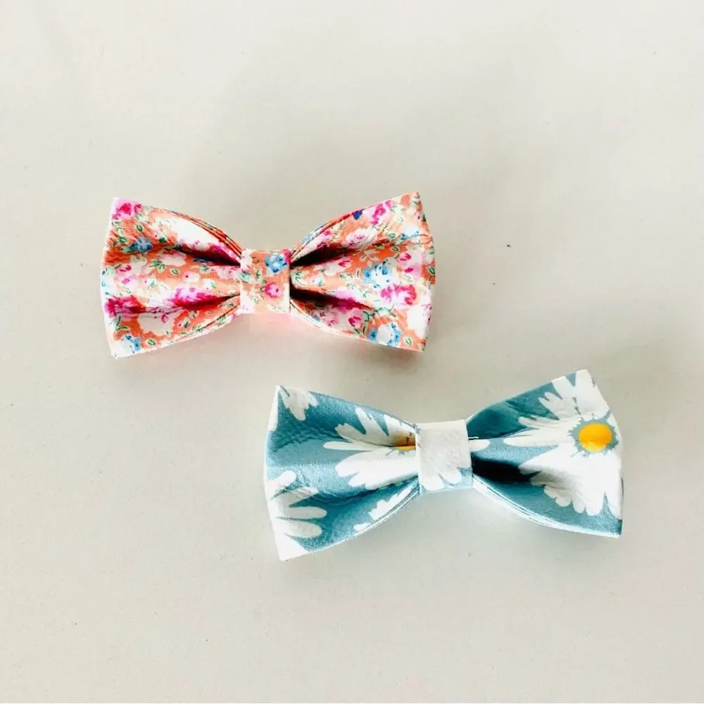2 NEW HANDMADE Light Blue Pink Orange Floral Dog Cat Pet Collar Elastic Bow Tie